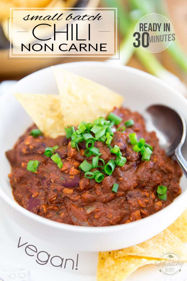 Ready in under 30 minutes, this Small Batch Vegan Chili Non Carne is perfect for those nights when you crave a comforting bowl of chili but really don't have hours to spare... plus, it tastes so crazy good, you probably won't even be able to tell the difference. Or that it doesn't contain meat, for that matter!