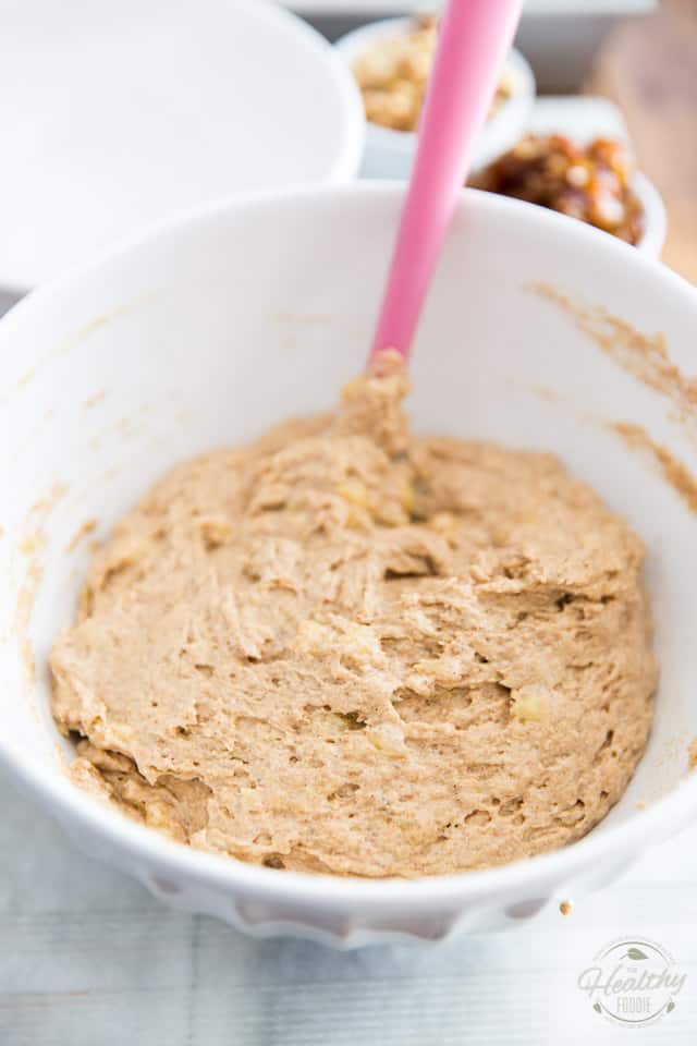 The banana bread batter, ready for adding dates and walnuts