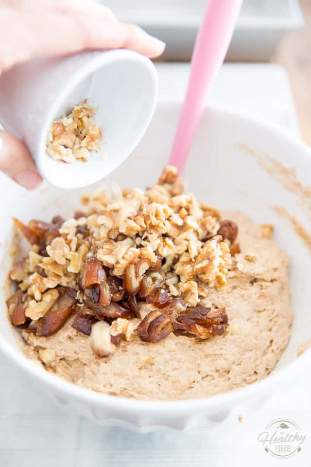 Adding dates and walnuts to banana bread batter