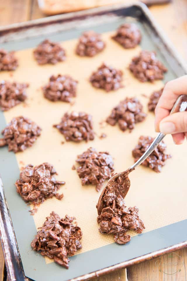 Dropping the chocolate clusters on a baking sheet