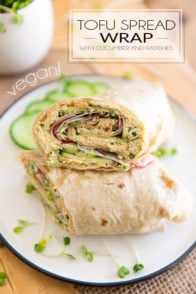 This tasty Vegan Tofu Spread is surprisingly reminiscent of egg salad... Delicious on toasts, in sandwiches, or as part of this nutritious and delectable wrap, with paper thin cucumber and radishes!