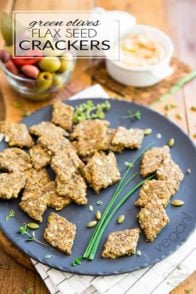 Whether you are vegan, paleo, keto, low-carber or simply eating good healthy, wholesome food, you're gonna absolutely love those Green Olive Flax Seed Crackers. They are nice and crunchy and so crazy yummy, you can totally enjoy them on their own as a quick little snack.