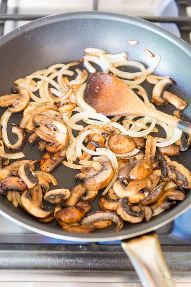 Brown the onions and mushrooms in a large frying pan