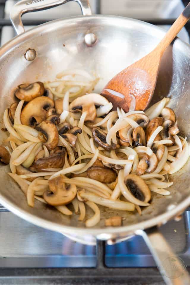 Saute the onions and mushrooms in a saute pan or wok