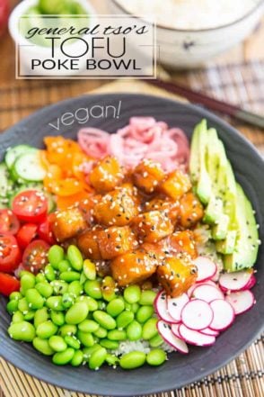This General Tso's Tofu Poke Bowl is so good, it's way more than just food: it's an experience! It's generous pieces of crispy tofu drenched in a perfectly balanced zesty, sweet and sour sauce, sitting over loads of fresh, crispy vegetables and soft, almost creamy calrose rice.