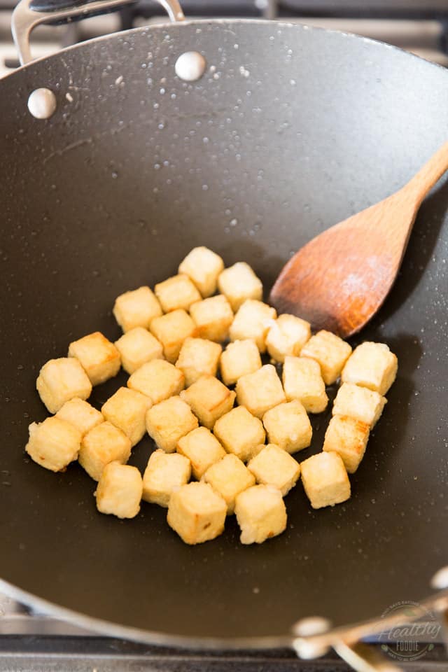 Cook the tofu in hot saute pan or wok