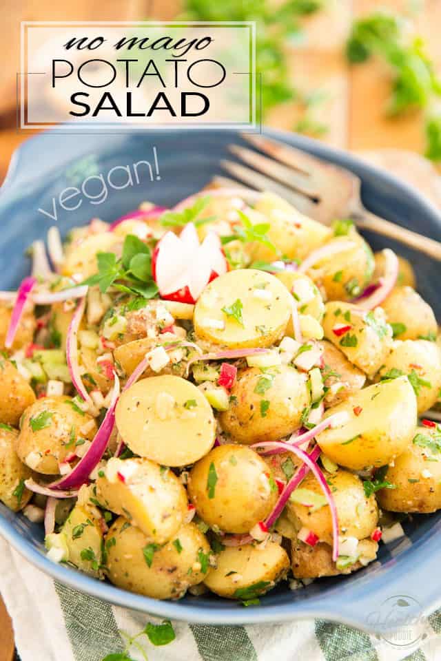 This No Mayo Vegan Potato Salad is the perfect option for those hot summer day picnics or barbecue parties, when mayo is better, and safer, left in the fridge!