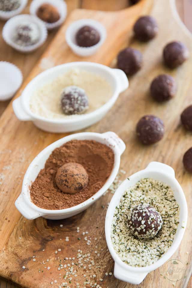 Roll the balls in cacao powder, hemp seeds or almond flour