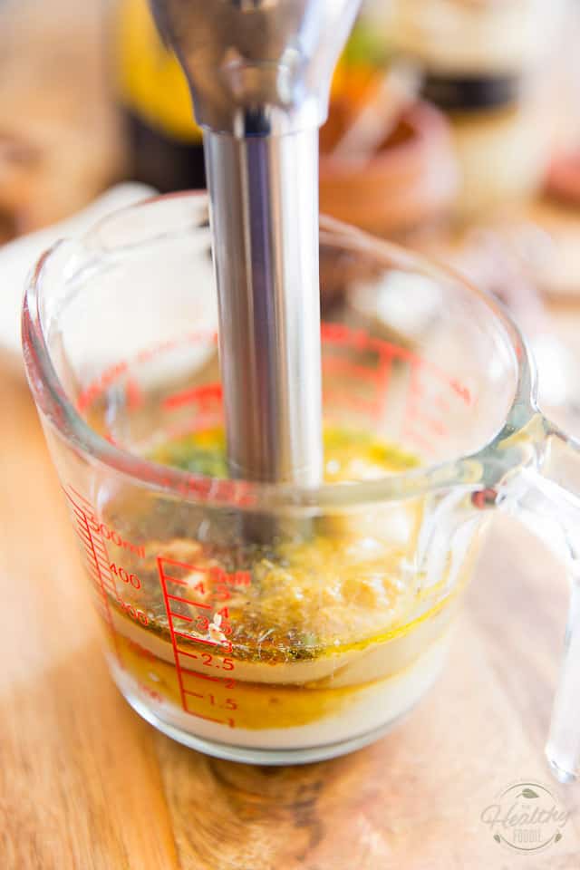 Place all the ingredients in a glass measuring cup and process with a stick blender