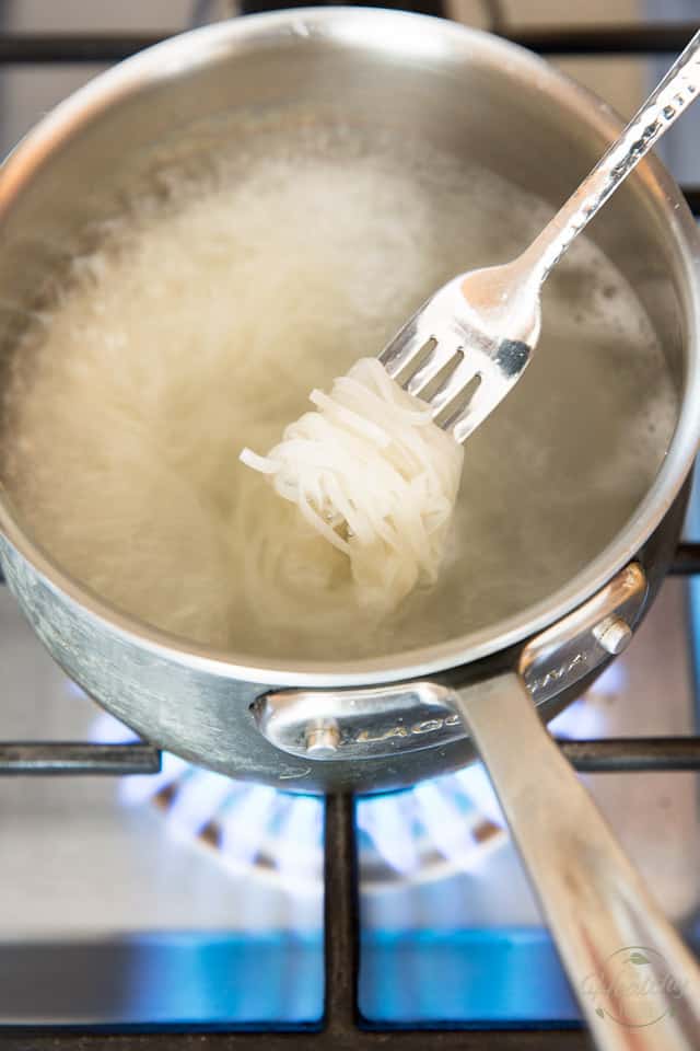 Cook the rice noodles in boiling water until tender