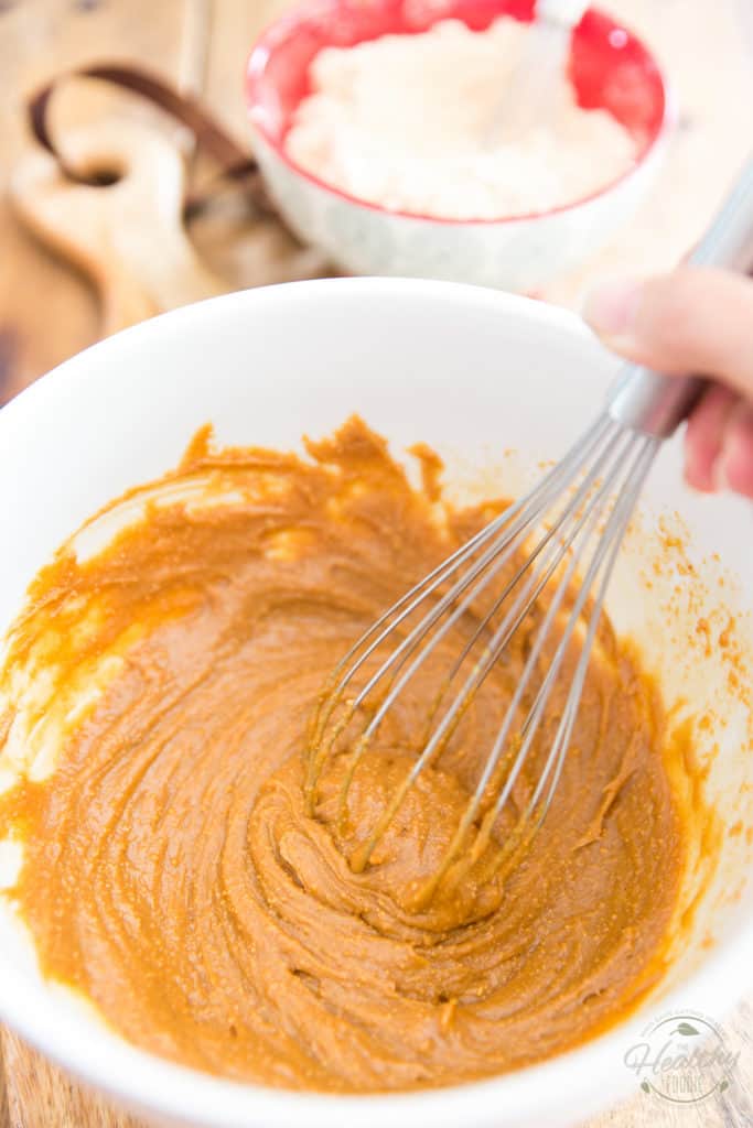 Whisk the peanut butter and maple syrup until smooth and well combined