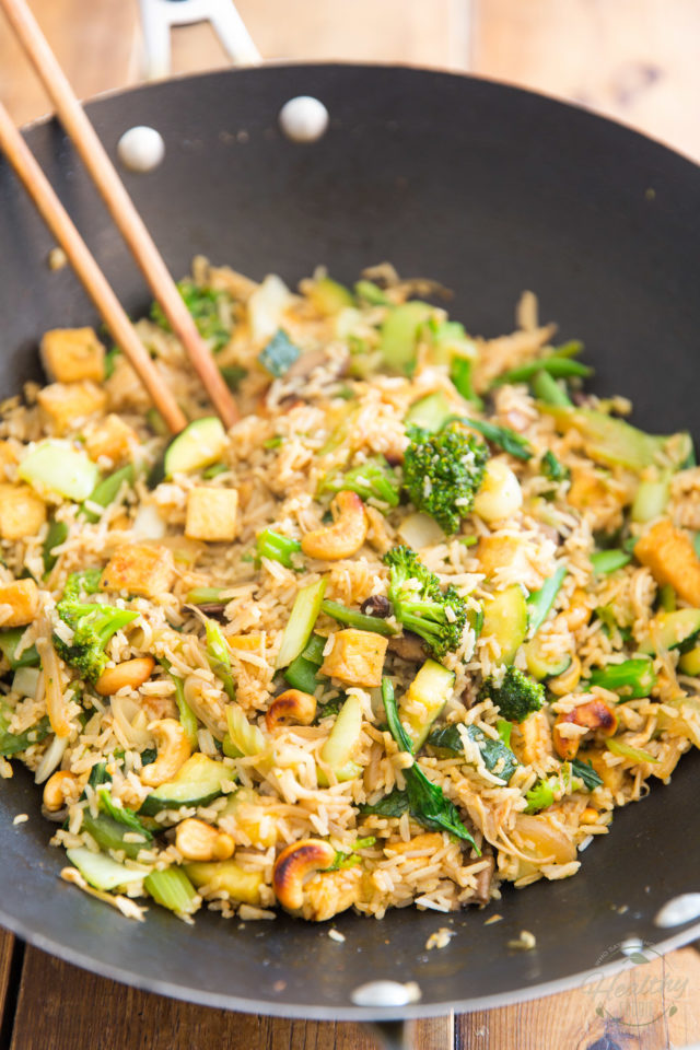 Got a bunch of veggies in the fridge in desperate need to be used up? This Vegan Tofu Cashew Fried Rice is the perfect solution for you!