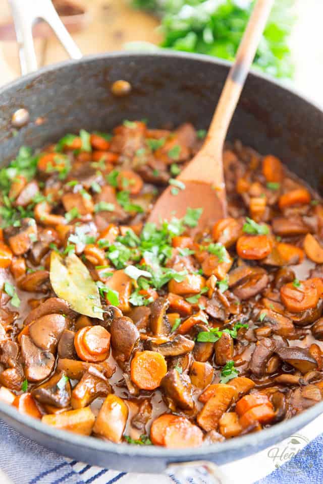 Filled with generous chunks of mushrooms and carrots in a rich and creamy red wine sauce, this Vegan Mushroom Bourguignon is a warm and comforting meal that the whole family will love!