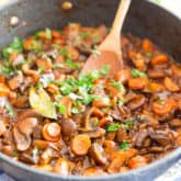 Filled with generous chunks of mushrooms and carrots in a rich and creamy red wine sauce, this Vegan Mushroom Bourguignon is a warm and comforting meal that has absolutely nothing to envy to its beefy counterpart!