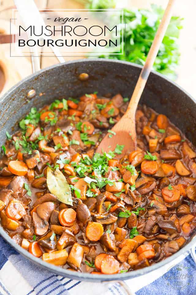 Filled with generous chunks of mushrooms and carrots in a rich and creamy red wine sauce, this Vegan Mushroom Bourguignon is a warm and comforting meal that the whole family will love! 