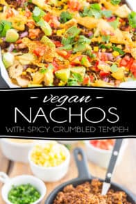 Spicy crumbled tempeh, loads of veggies and warm cashew queso scattered over a bed of organic corn tortilla chips... These Vegan Nachos with Spicy Crumbled Tempeh are the ultimate party food made good for you!