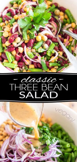 Ready in mere minutes and delicious any time of the year, this sturdy, Classic Three Bean Salad in tangy vinaigrette is the perfect make-ahead recipe for parties, potlucks, backyard barbecues or any social gatherings.