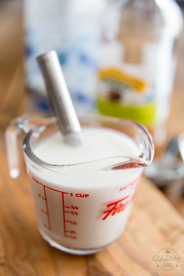 Combine apple cider vinegar and almond milk to make vegan "buttermilk"