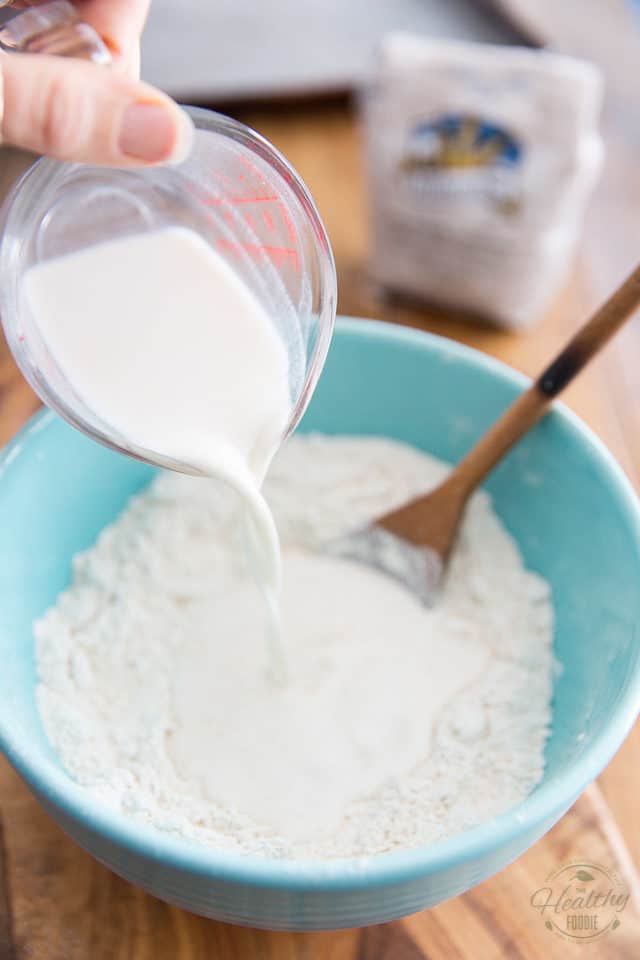 Make a little well in the center of the mixture and pour in the cold "buttermilk"