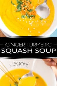 A hearty and comforting soup with a definite kick, this Ginger Turmeric Squash Soup is guaranteed to make you feel warm inside, whether you decide to eat it hot, or cold!