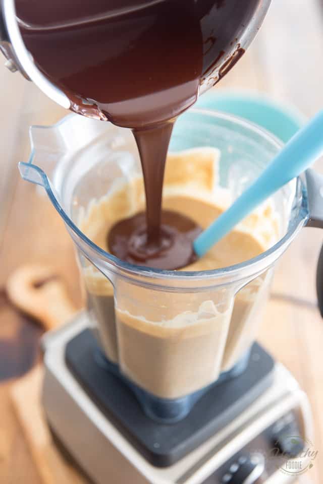 Pour the melted chocolate in with the rest of the ingredients in the high speed blender