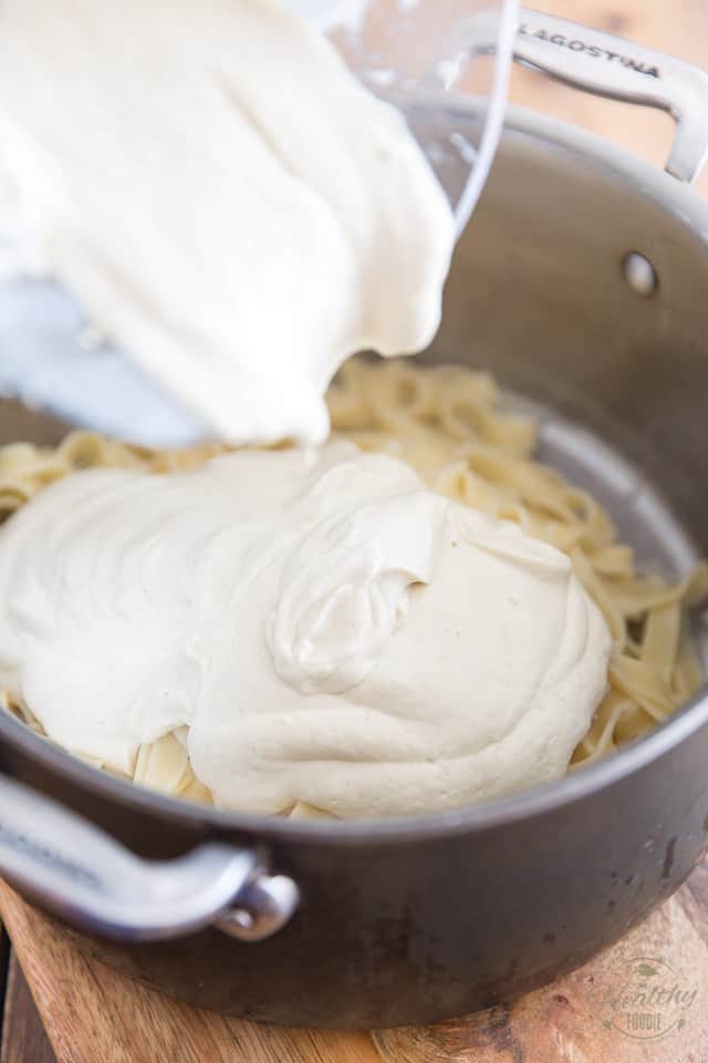 Pour the creamy Alfredo sauce right over the cooked pasta