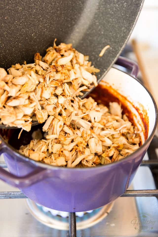 Transfer the caramelized jackfruit to the pot with the BBQ sauce in it