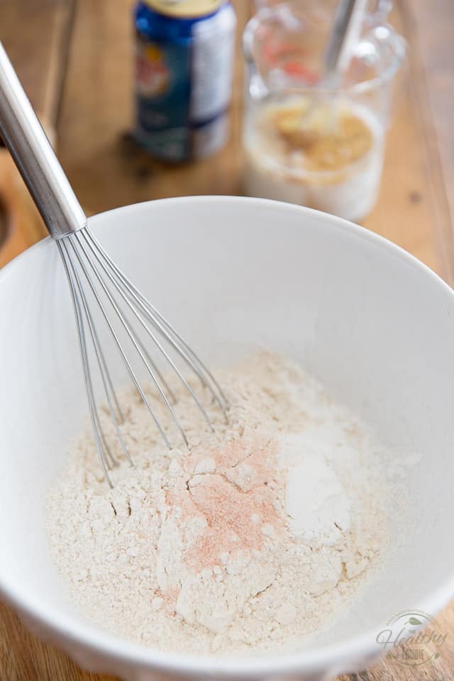 Combine the flours, baking soda and salt in a large bowl and mix well with a whisk
