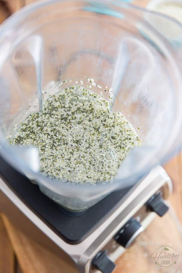Add the hemp seeds and water to the container of your high speed blender