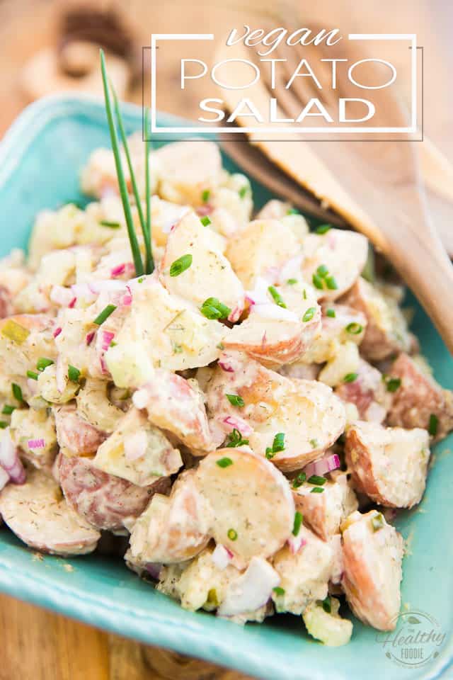 Tender chunks of potatoes in a yummy creamy dressing, with just the right amount of crunch and tanginess! This Vegan Potato Salad is easy to make — ahead of time too — making it the perfect option for picnics, barbecues and potlucks.