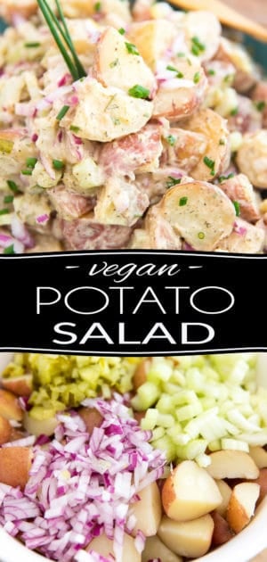 Tender chunks of potatoes in a yummy creamy dressing, with just the right amount of crunch and tanginess! This Vegan Potato Salad is easy to make — ahead of time too — making it the perfect option for picnics, barbecues and potlucks.